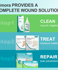 Dimora wound care solution steps; clean with irrigation, treat with dressings, repair with silicone scar sheets.