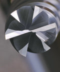 Close-up of a Carbide End Mill Six Flute 3/8 Inch Shank for precision machining of alloy steel, cast iron, hardened steel