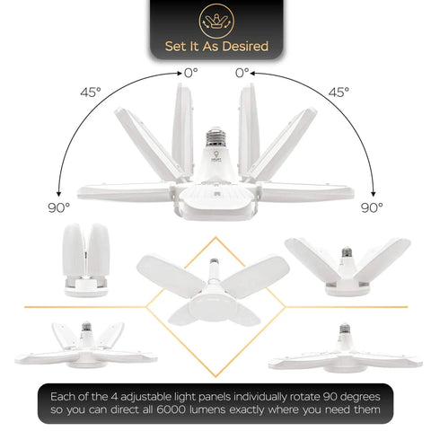 2 Pack Deformable Dimmable Ceiling LED Lights 60W 6000 Lumens Each Screw In Basement Garage Light With 4 Leaf Panels 6500K Daylight White showing adjustable leaf panels from different angles