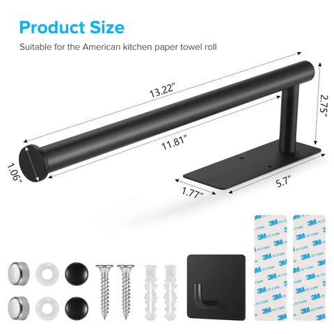 Dimensions and components of Under Cabinet Paper Towel Holder With Optional No Drill Self Adhesive Or Drill In Wall Mount Heavy Duty Stainless Steel SUS304