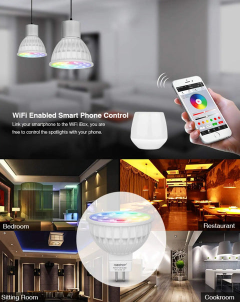 MR16 Color Changing LED Spotlight 4 Watt 4 Pack RGB Plus CCT Kit With 4 Zone FUT092 Remote Memory Function in various settings