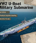 Epic WW2 U Boat Submarine Model Kit For Adults With 6172 Pieces, RC Sub Build Set displayed on a stand over ocean map backdrop