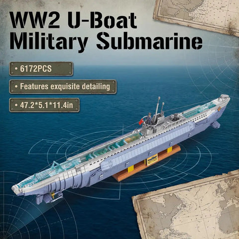 Epic WW2 U Boat Submarine Model Kit For Adults With 6172 Pieces, RC Sub Build Set displayed on a stand over ocean map backdrop