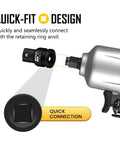 Rock Solid 3/4 Female To 1 Male Impact Socket Adapter With Spring Loaded Ball Lock on power tool for quick connection.