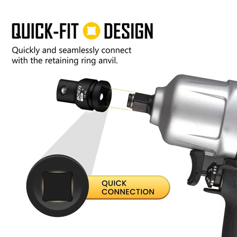 Rock Solid 3/4 Female To 1 Male Impact Socket Adapter With Spring Loaded Ball Lock on power tool for quick connection.