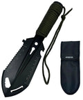 Ultra Lightweight 9-In-1 Mini Camping Shovel Trowel Kit With Saw, Bottle Opener, Nail Extractor, and Paracord next to sheath