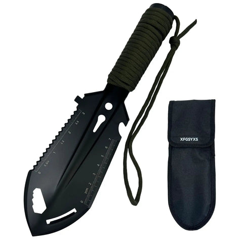 Ultra Lightweight 9-In-1 Mini Camping Shovel Trowel Kit With Saw, Bottle Opener, Nail Extractor, and Paracord next to sheath