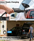 Person using 16 Amp Level 1 And Level 2 EV Charger With 110-240V Input, NEMA 6-20 Plug And 5-15 Adapter at home garage