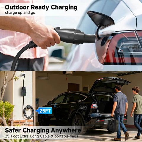 Person using 16 Amp Level 1 And Level 2 EV Charger With 110-240V Input, NEMA 6-20 Plug And 5-15 Adapter at home garage