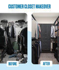 Before and after customer closet makeover showcasing Grey Modular Closet Shelf Tower With 2 Smooth Drawers And Versatile Shelves.