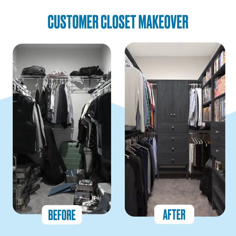 Before and after customer closet makeover showcasing Grey Modular Closet Shelf Tower With 2 Smooth Drawers And Versatile Shelves.