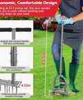 Person using 43.3 Inch Preassembled Lawn Aerator With 12 Durable 3.5 Inch Iron Spikes, showing ergonomic handle and details.