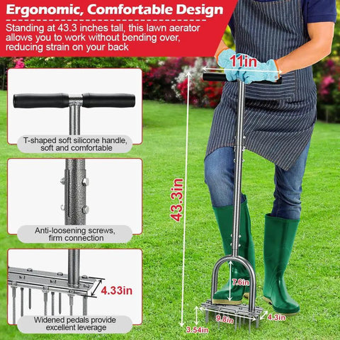 Person using 43.3 Inch Preassembled Lawn Aerator With 12 Durable 3.5 Inch Iron Spikes, showing ergonomic handle and details.