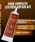 Tube of professional leather adhesive with advanced polymer formula, labeled 'Made in the USA' on brown packaging.