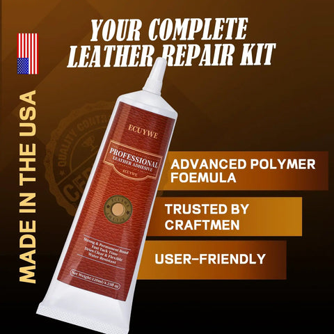 Tube of professional leather adhesive with advanced polymer formula, labeled 'Made in the USA' on brown packaging.
