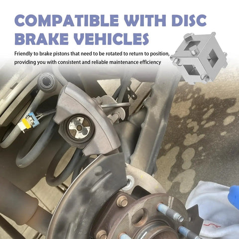 Six-Side In One Car Brake Caliper Compression Tool with Three Eighths Inch Square Drive installed on vehicle brakes