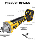 Compatible With 20 Volt Power Batteries This Smooth Operator Cordless Die Grinder showing chuck, battery socket, and lock switch.