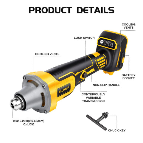 Compatible With 20 Volt Power Batteries This Smooth Operator Cordless Die Grinder showing chuck, battery socket, and lock switch.