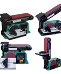 Shop Grade 550W Desktop Belt Sander Featuring Rock Solid Cast Iron Base And Zero To Forty Five Degree Adjustable Workbench displayed from multiple angles.