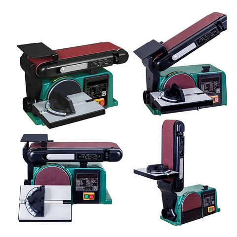 Shop Grade 550W Desktop Belt Sander Featuring Rock Solid Cast Iron Base And Zero To Forty Five Degree Adjustable Workbench displayed from multiple angles.