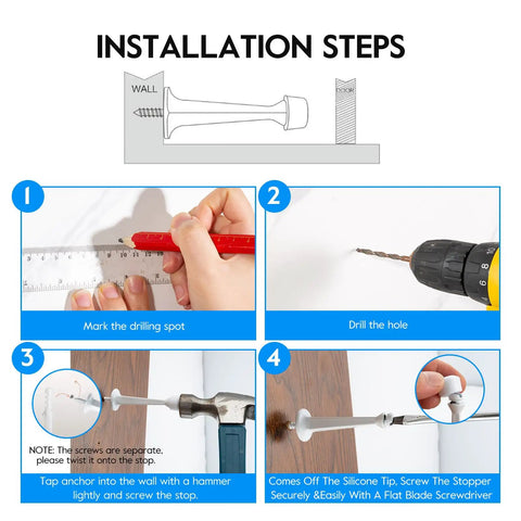 Installation steps for 3 Inch Door Stopper Eight Pack Heavy Duty Solid Zinc Alloy Door Stops With Plastic Tip for wall and door protection.