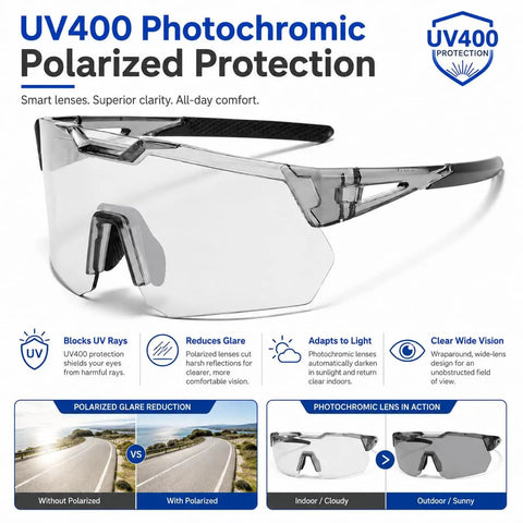 Slick Heavy Duty Photochromic Polarized Safety Glasses With Impact Resistant Lenses For Outdoor Work Featuring Smooth Transition Shades And Dead Serious Anti Glare Protection In Classic Grey, shown from the front with clear lenses.
