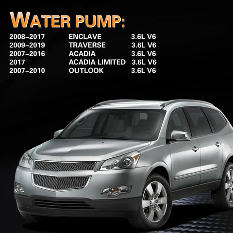 Front view of SUV compatible with Direct Fit Water Pump And Thermostat Kit For 2008 Through 2017 Enclave, 2009 Through 2019 Traverse.