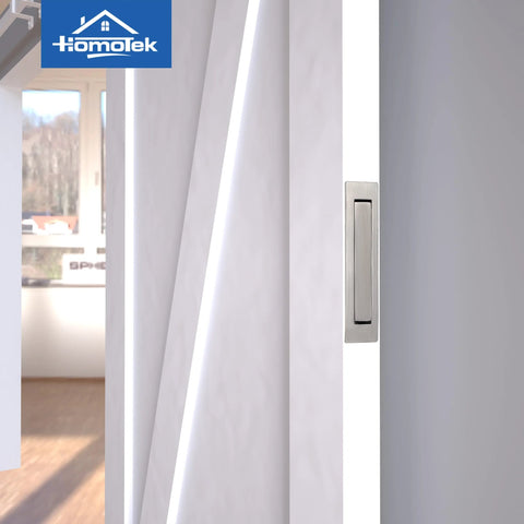 Recessed Pocket Door Pull Handle Edge Flush Hidden Finger Pull for Sliding Doors Stainless Steel 304 Satin Nickel Finish shown installed