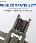 Close-up of top rack bracket for dishwashers, compatible with Whirlpool, Kenmore, KitchenAid, wide compatibility shown
