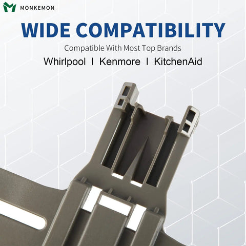 Close-up of top rack bracket for dishwashers, compatible with Whirlpool, Kenmore, KitchenAid, wide compatibility shown