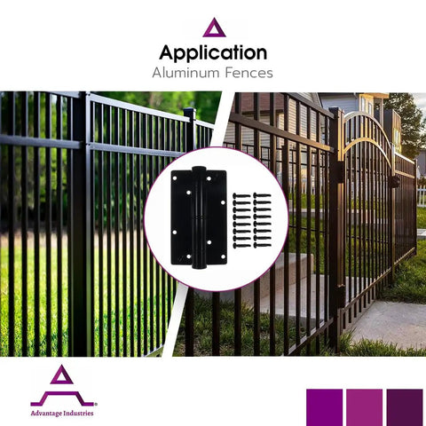 Self Closing Gate Hinge For Fences With Pushdown Adjustment And Heavy Duty Enclosed Spring Powder Coated Steel Finish Two Sided Mounting White Gate Hardware Built Tough And Ready For Outdoor Use with aluminum fences in background