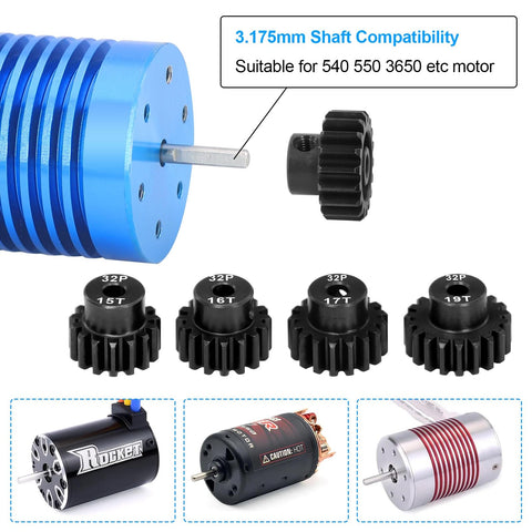 Beefy 32P Pinion Gear Set for 1/10 RC Electric Off Road Trucks, 15T 16T 17T 18T 19T displayed with compatible motors
