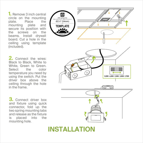 Installation diagram for Top Shelf Square Led Recessed Downlights With Slick Integrated Junction Box Hella Bright 7 Watt 5 Way Adjust Color Changing Anti Glare Dimmable Ic Rated Ceiling Lights Matte Black Finish 24 Count