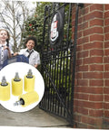 4 Pack Nylon Pulley Block For Sliding Doors And Gates, yellow, shown with kids near gate for smooth operation