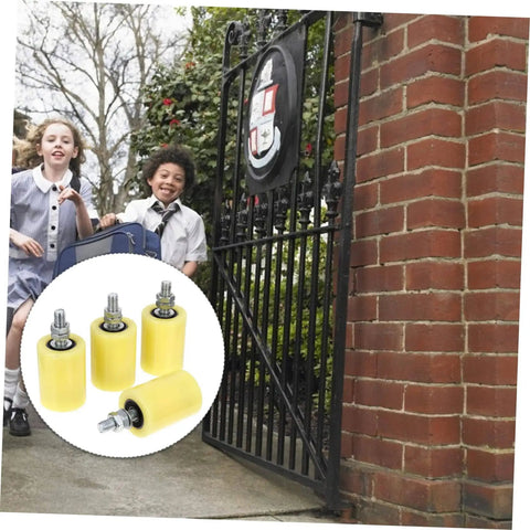 4 Pack Nylon Pulley Block For Sliding Doors And Gates, yellow, shown with kids near gate for smooth operation