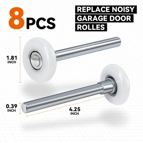 Ultra Quiet 1.8 Inch Nylon Garage Door Rollers With 4 Inch Carbon Steel Stem For Smooth Operation And Low Friction Durable Replacement Kit For Residential Doors 8 Pack, shown in size dimensions with white nylon and steel stem.
