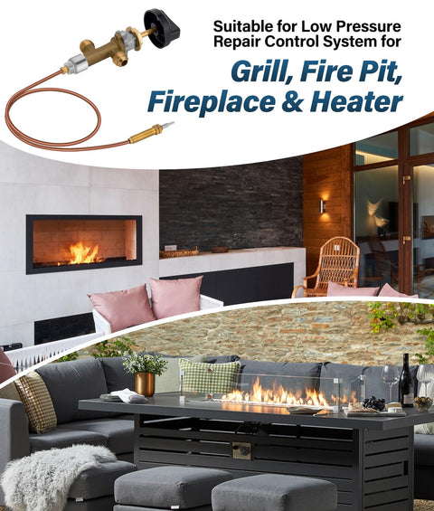 Low Pressure LPG Propane Fire Pit Flame Failure Safety Control Valve Kit Replacement Part With Three Eighths Inch Flare Inlet And Outlet Brass Construction For Grills Fire Pits Fireplaces And Heaters shown with fire pit and fireplace