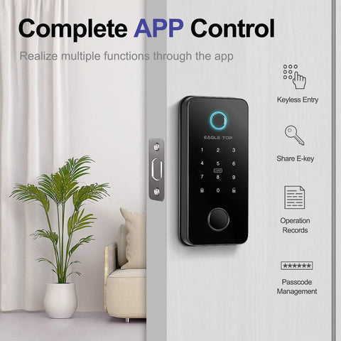 Keyless Entry Smart Door Lock With Fingerprint Anti Peep Code Bluetooth Auto Lock For Front Door iOS And Android App Control No Fuss Install Black Finish For Modern Homes on a wooden door next to a plant and sofa in a living room.