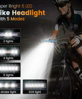 Cyclist using Ultra Bright Bike Headlight And Taillight Set With 6 LEDs 12000 Lumens on night road with mode options displayed