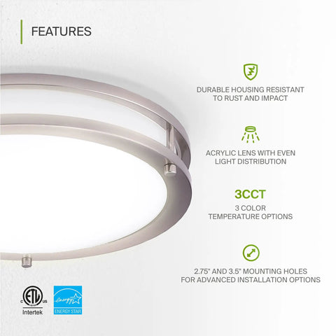 Features of Lit 16 Inch Round Flush Mount Ceiling Light With 3CCT Dimmable LED 24W 1854 Lumens Nickel Finish