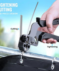 Stainless Steel Cable Tie Gun Kit With 200 Metal Zip Ties In Two Sizes And Tensioning And Cutting Tool being used on fence