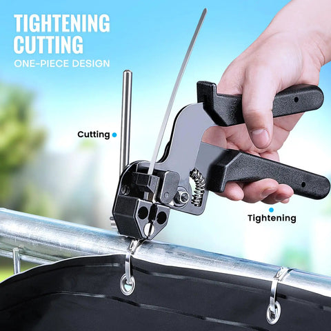Stainless Steel Cable Tie Gun Kit With 200 Metal Zip Ties In Two Sizes And Tensioning And Cutting Tool being used on fence