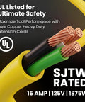 Close-up of 100 Ft Beefy Heavy Duty Extension Cord 12/3 Gauge SJTW Outdoor Indoor 3 Prong Power Cable structure with copper wires