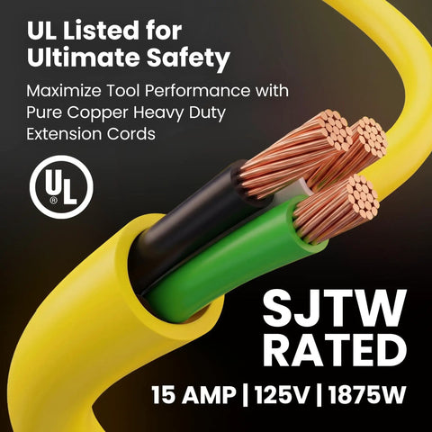 Close-up of 100 Ft Beefy Heavy Duty Extension Cord 12/3 Gauge SJTW Outdoor Indoor 3 Prong Power Cable structure with copper wires