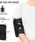 Person wearing elbow brace for tendonitis with removable metal splints and adjustable Velcro straps, fits left or right arm.