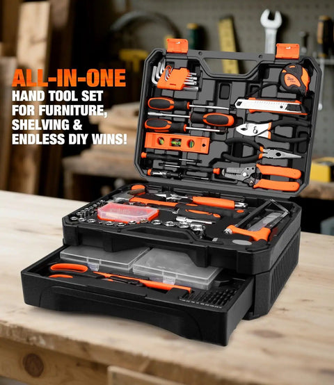 328 Piece Home Tool Set With Toolbox Storage Case And Drawer Organizer All In One Hand Tool Kit For DIY Projects And Home Repairs Includes Wrenches Sockets Screwdrivers Pliers And More