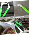 Collage of Go-To 4 Pack Stainless Steel Weeding Sickle Set with green handles for grass cutting and weeding