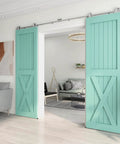 Top Mount Stainless Steel Barn Door Hardware Kit For Double Wood Doors Heavy Duty Sliding Track System installed in living room.
