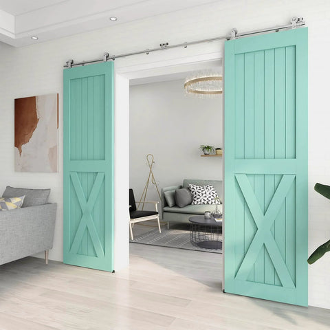 Top Mount Stainless Steel Barn Door Hardware Kit For Double Wood Doors Heavy Duty Sliding Track System installed in living room.