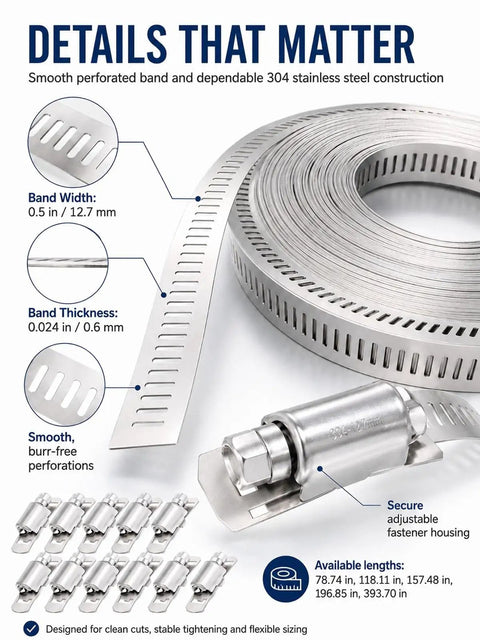 Get That Custom Cut Hose Clamp Kit You Need By The Foot With This Awesome Stainless Steel Worm Gear Roll For All Your Home Repair Projects Made From Tough 304 Metal To Fit Any Pipe Size, 30 ft roll with fasteners